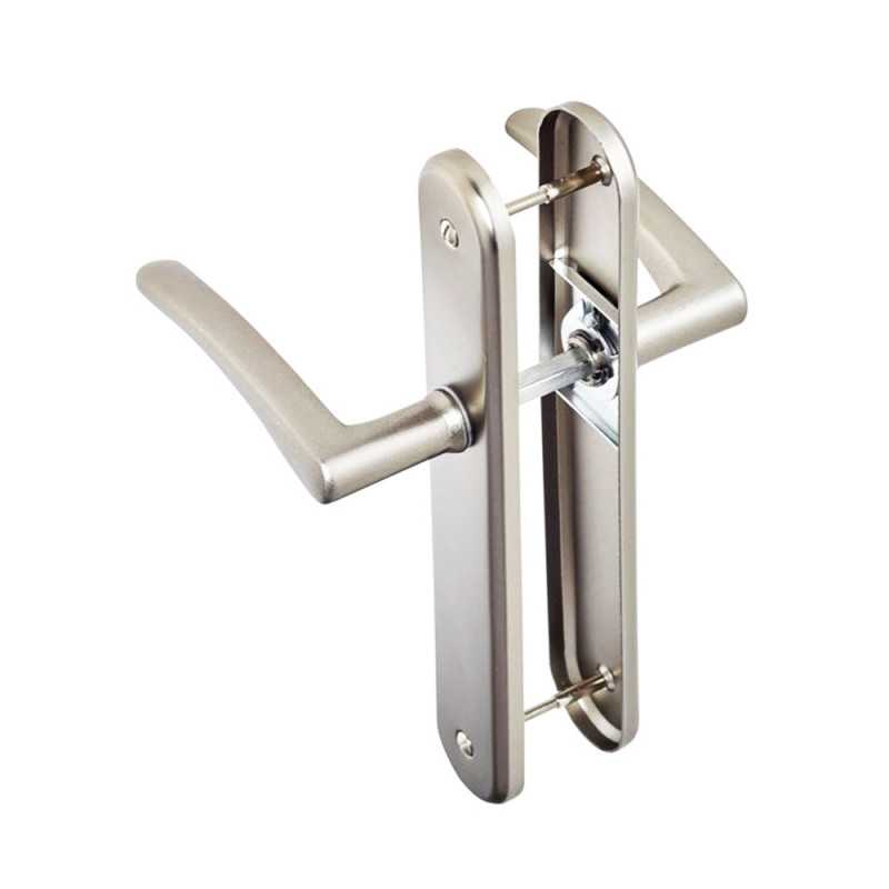 P50 Poignée de porte Eve Zamak nickelé sat 195mm bec de cane sur cale de 2 pièces