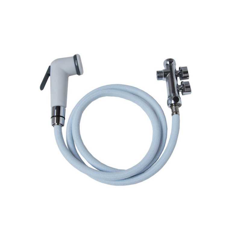 Kit hygiène WC : douchette ABS + flexible nylon + raccord 3 voies 12 x 17-15 x 21 mm