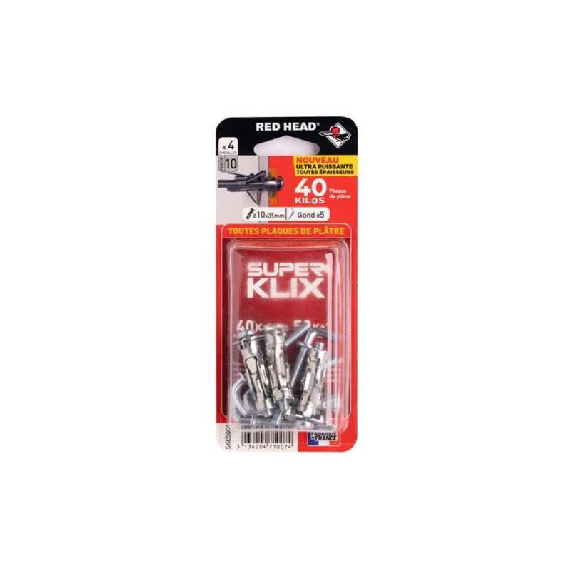 Lot de 4 chevilles diam.10 x L.35 mm et gond Red head diam.5mm