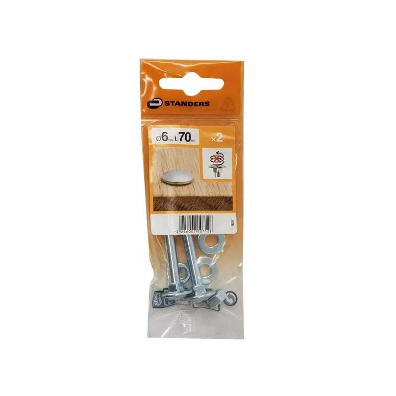 Lot de 2 boulons tête ronde et cou carré acier zinguéL.70 X Diam.6 Mm