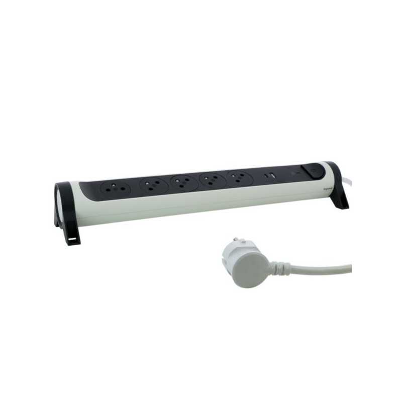 Rallonge multiprise 5 prises 2P+T Surface USB Type-A + Type-C - blanc et gris foncé