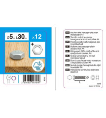 Sachet de 12 boulons inox, tête 6 pans hexagonal  L.30 mm|Sanifer