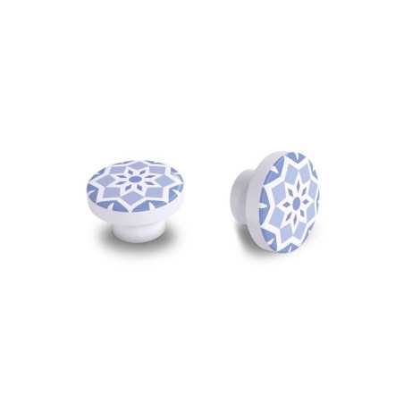 Lot de 4 boutons de meuble carreau de ciment bleu bois H.22 X L.39 X P.39 Mm