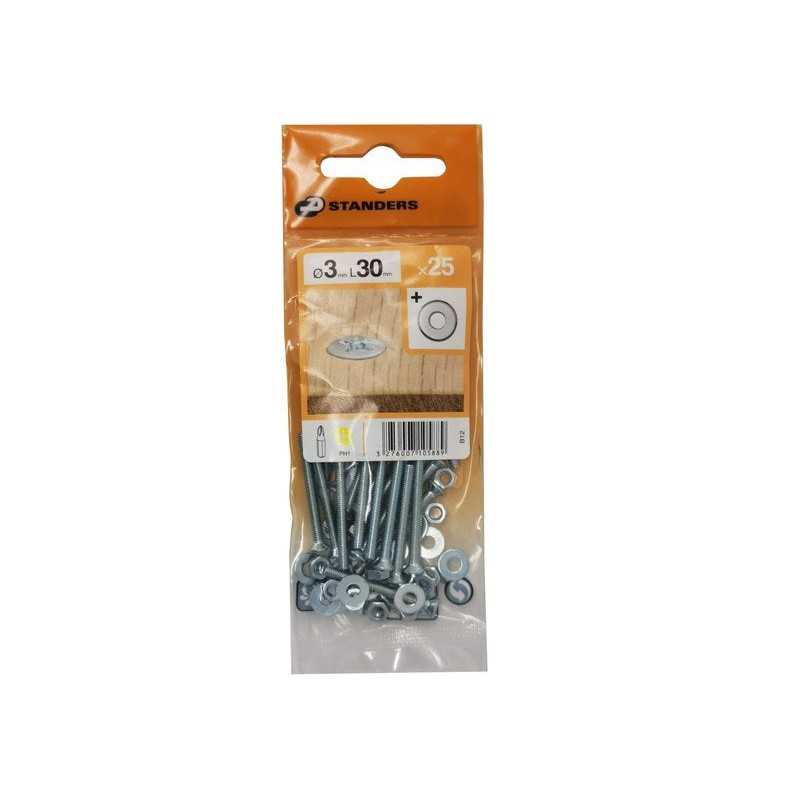 Lot de 25 boulons tête autofraisée plate acier zingué L.30 X Diam.3 Mm