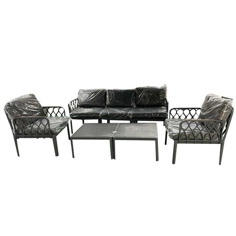 Salon de jardin 2 chaises 1 fauteuil de 3 places et 2 poufs gris