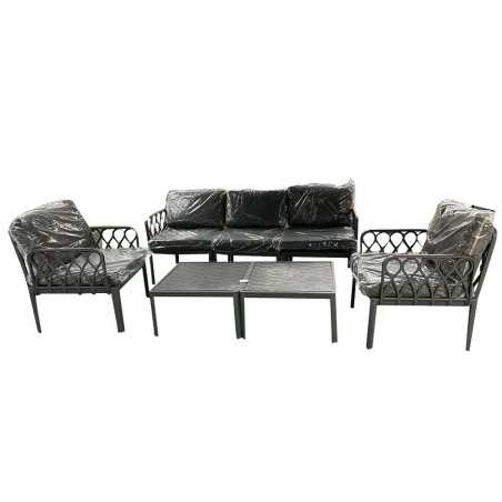 Salon de jardin 2 chaises 1 fauteuil de 3 places et 2 poufs gris