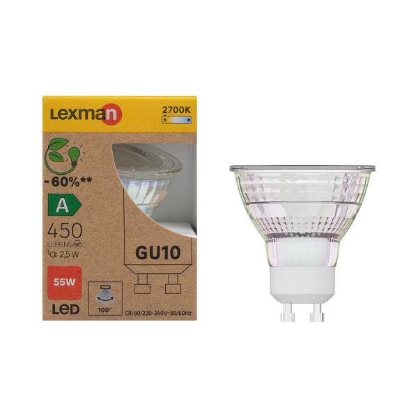 Ampoule led reflecteur gu10 2,5w 50w 450lm 100d 2700k classe a LEXMAN|Sanifer