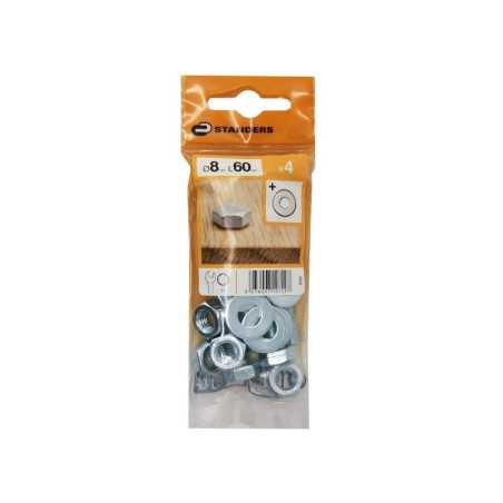 Lot de 4 Boulons Tête 6 Pans Acier Zingué L.60 X Diam.8 Mm Standers