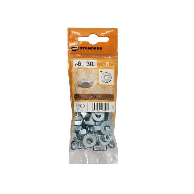 Lot de 8 Boulons Tête 6 Pans Acier Zingué L.30 Standers