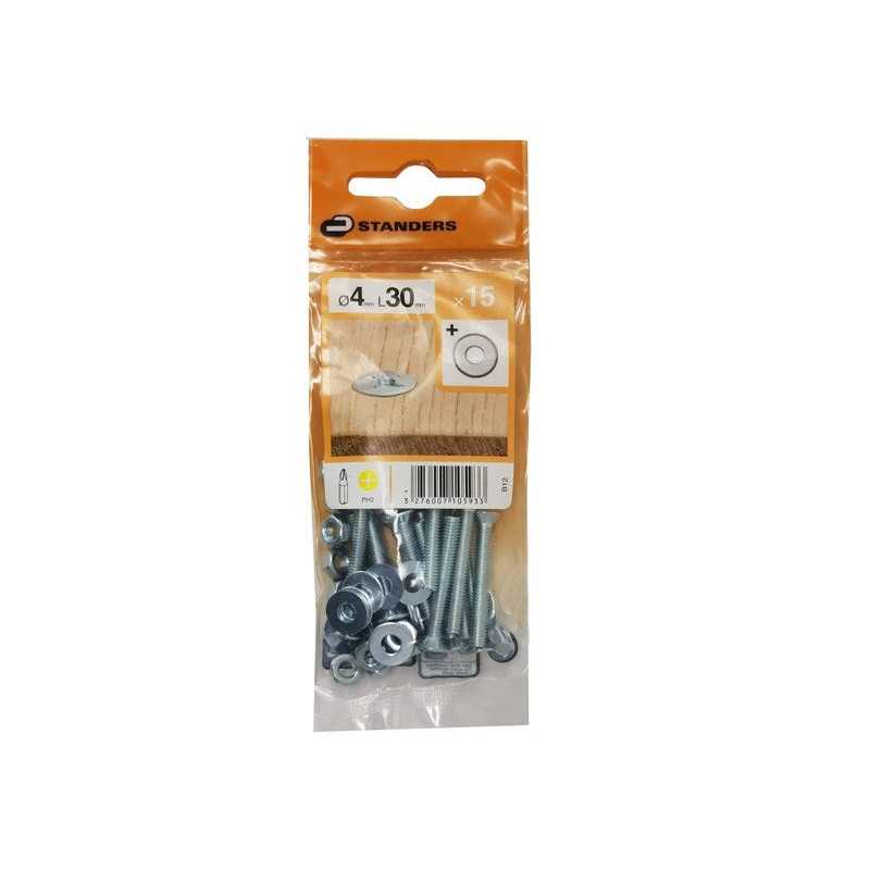 Lot de 15 Boulons Tête Autofraisée Plate Acier Zingué L.30 X Diam.4 Mm Standers