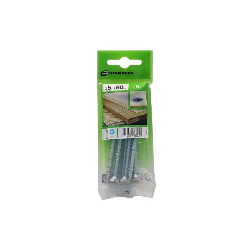 Lot de 6 Vis Acier Tête Fraisée Standers Diam.5 Mm X L.80 Mm